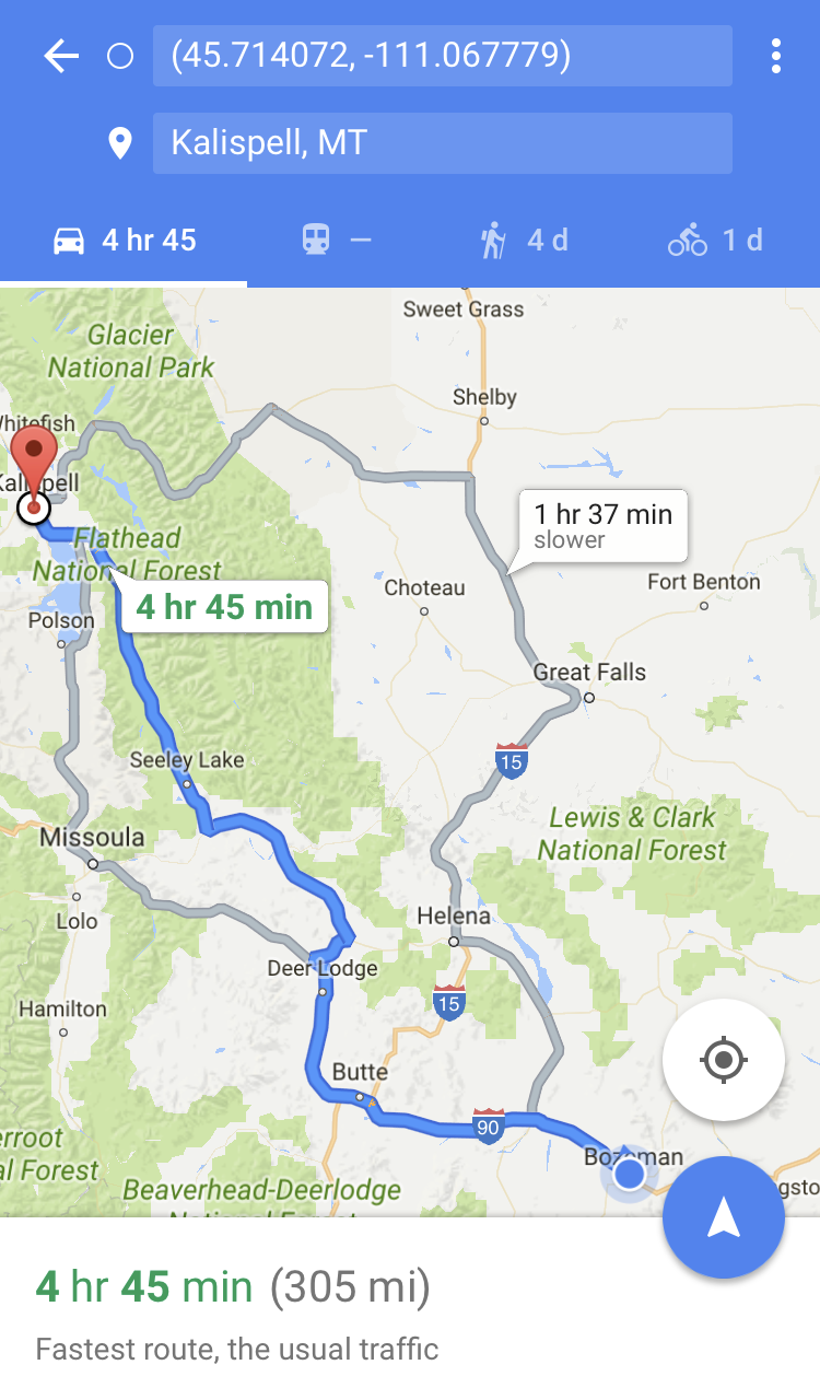 google maps driving directions bozeman kalispell mt montana apple iphone 6 7